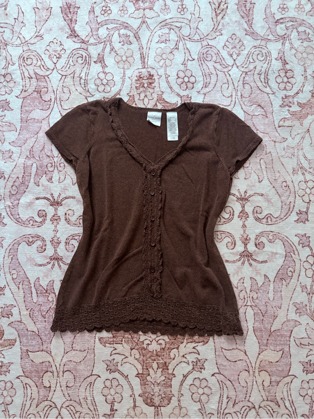 Emma James Brown Short-Sleeve Crochet-Trim Button Front Top